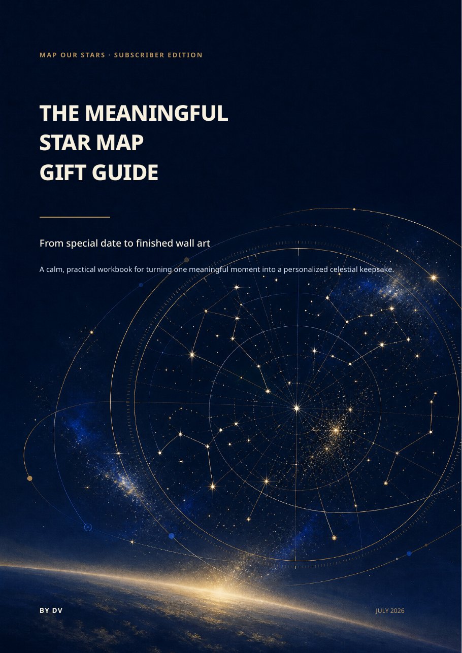 Cover of The Meaningful Star Map Gift Guide by DV, featuring a midnight-blue celestial map over a warm horizon